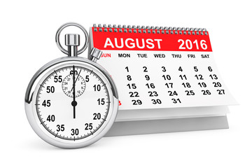 August 2016 calendar with stopwatch. 3d rendering