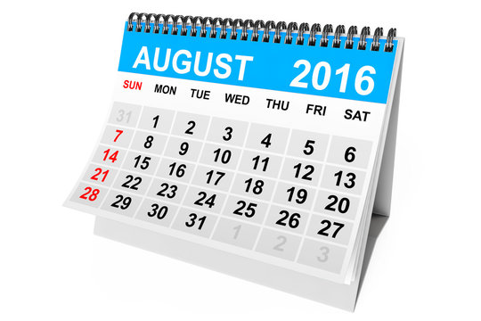 Calendar August 2016. 3d Rendering