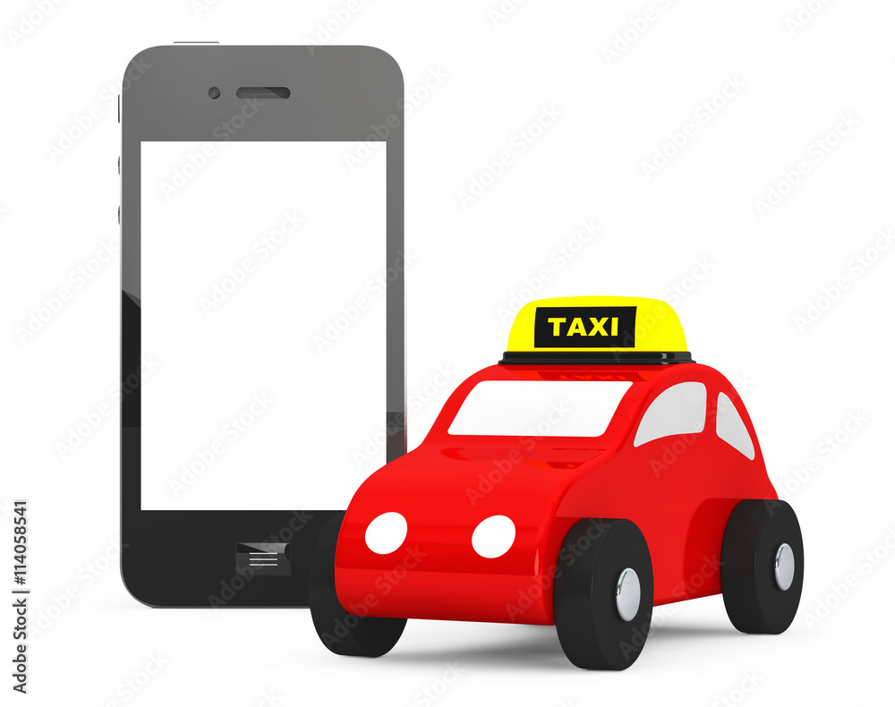 Poster toy taxi car with mobile phone. 3d rendering