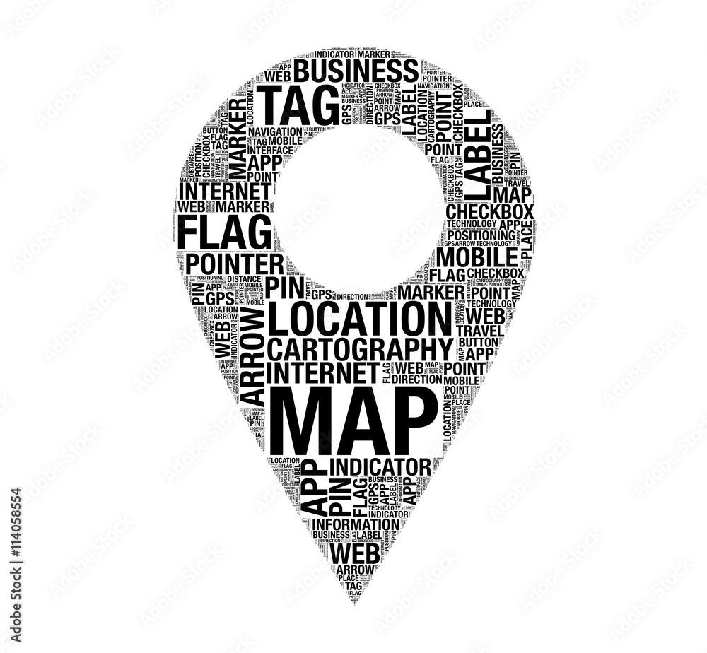 Leinwandbilder pointer icon sign shape with search location concept words. 3d r