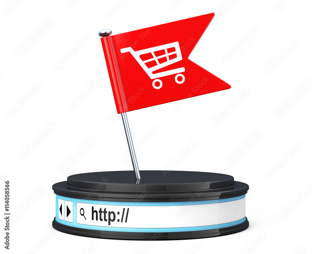 Poster Red Flag with Shopping Cart Icon over Browser Address Bar as Rou