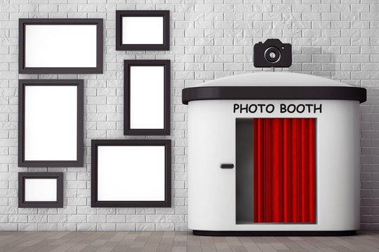 Photo Booth in front of Brick Wall with Blank Picture Frames. 3d