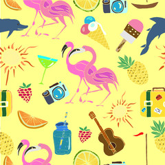 Hand drawn colorful vector seamless pattern. Summertime.Travel. Holiday. Vacation.