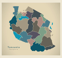 Modern Map - Tanzania with regions colored TZ