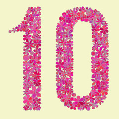 Number ten made of colorful flowers.