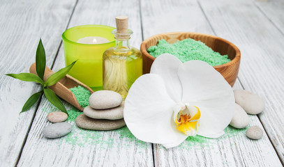 Spa products and white orchids