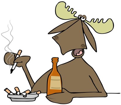 Illustration of a bull moose sitting at a bar while drinking a beer and smoking a cigarette.