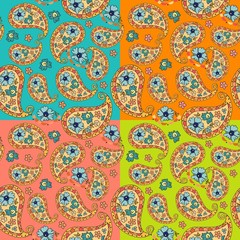 Beautiful paisley seamless pattern with flowers on different colorful backgrounds. Vector illustration.