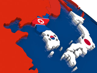 South Korean and North Korea on 3D map with flags