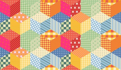 Bright seamless patchwork pattern. Childish quilt from colorful cubes