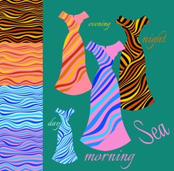 Beautiful card with collection of summer female dresses and waves seamless patterns. Vector fashion illustration.