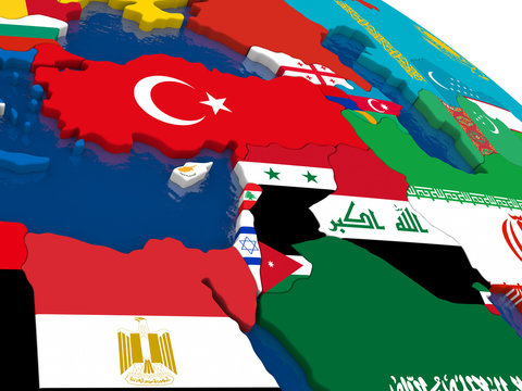 Middle East on 3D map with flags