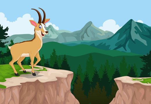 funny chamois cartoon with mountain cliff landscape background