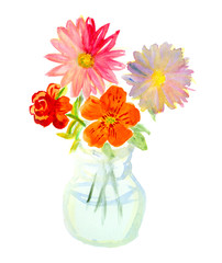 Bouquet of colorful flowers in glass vase. Watercolor floral illustration. Hand drawn summer flowers isolated on a white background.