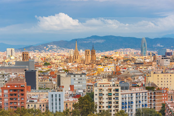 Aerial view of Barcelona from the Montjuic hill, Catalonia, Spain.