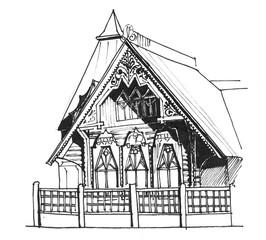 Illustration of wooden house in nouveau style in Simbirsk (Ulyanovsk). Russian mansion. Hand made black and white graphics.