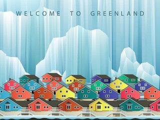 Illustration of arctic greenland town with bright houses. Vector winter landscape. © 0mela
