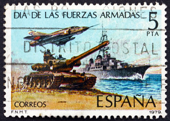 Postage stamp Spain 1979 Tank, Jet and Destroyer