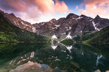 Fototapeta premium sunset over alpine pond Morskie Oko in Poland