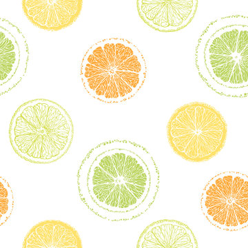 Seamless pattern of sliced lemons, oranges, limes. Citrus pattern.