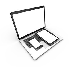 Fototapeta premium Modern laptop, tablet and smartphone isolated on white. 3d rende
