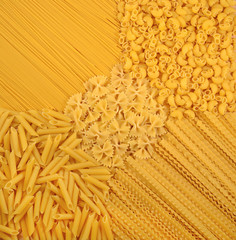 Assortment of uncooked Italian pasta as background