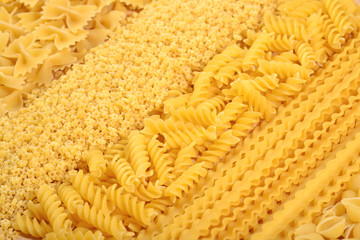 Assortment of uncooked Italian pasta close up