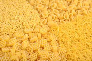 Assortment of uncooked Italian pasta close up