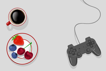 spielekonsole controller mit obst und kaffee