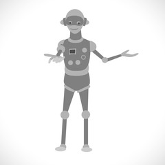 Robot welcomes and extends it hand. Gray robot in light background.