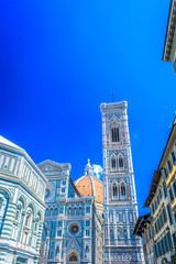 Santa Maria del Fiore, Italy Florence./ Florence cathedral view during sunny spring day, vertical view on marble landmark in Italy.