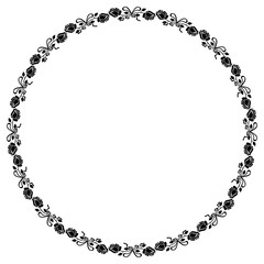 Round black and white frame with roses silhouettes. Vector clip art.