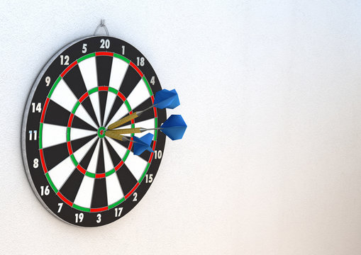 Drei Dartpfeile ins Bullseye vor verputzter Wand