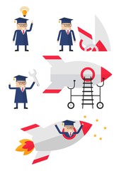 Student repairs rocket. Conceptual image of education, ideas, achieve the goal, competition win. Objects isolated on a white background. Flat vector illustration.