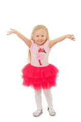 Obraz premium Joyful little girl stretches hands forward - Isolated on white background