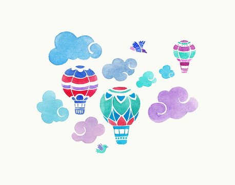 Aerostats in the sky. watercolor illustration with aerostats and clouds