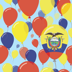 Ecuador National Day Flat Seamless Pattern. Flying Celebration Balloons in Colors of Ecuadorean Flag. Happy Independence Day Background with Flags and Balloons.
