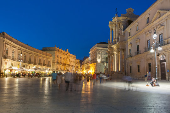 The famous Dom square in Syracuse, Sicily, by night