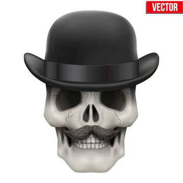 Human skull with black bowler hat