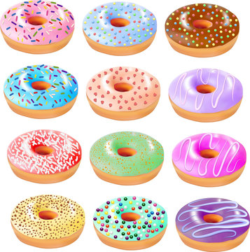 illustration set of colored donuts with icing and different grit