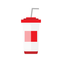Flat soda takeaway illustration. Street drink icon. Cold white red container vector with straw. Isolated cola on white background. Street fast food