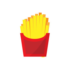 Flat French fries illustration. Street snack icon. Golden potato vector with calories. Isolated crisps on white background. Street fast food