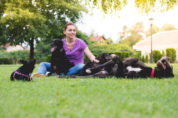 happy girl siting and enjoying with her dogs in park,underexposed photo