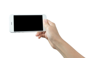 Hand holding smart phone isolated on white background, with clipping path