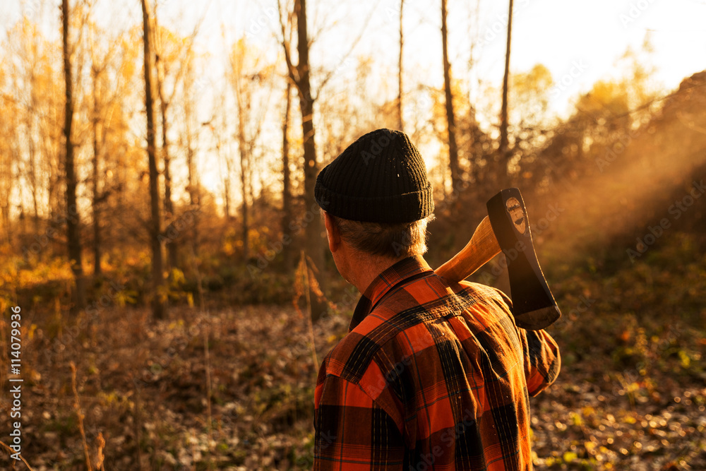 Wall mural rear view of senior lumberjack in nature holding an axe on his shoulder and looking at distance.