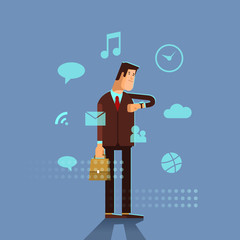 Man in a suit using his smart watch app. Businessman looking on a screen of his smart watch. Businessman with modern smart watch and apps icons. Vector flat illustration