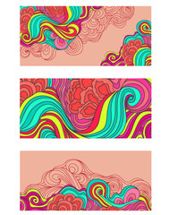 three vector wave hair doodle card  