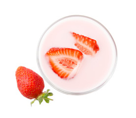Strawberry yogurt in glass isolated on white background with clipping path. Top view.