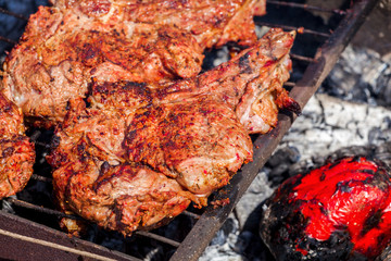 Roasted meat on the grill.