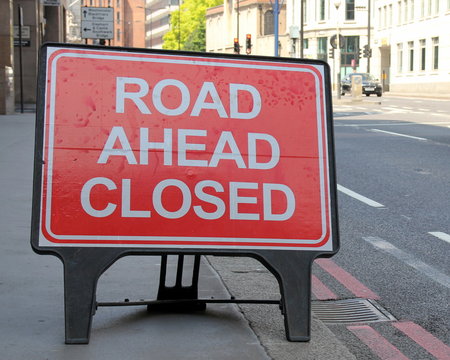 Road Ahead Closed sign on a street in London, United Kingdom